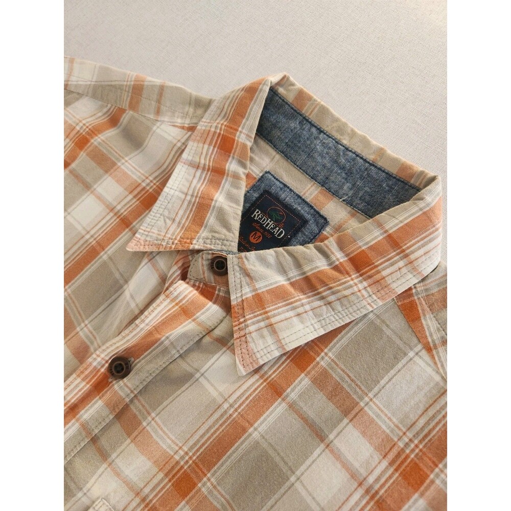 RedHead Men M Orange Beige Plaid Cotton Woven Short Sleeve Button-Up Pocket #043